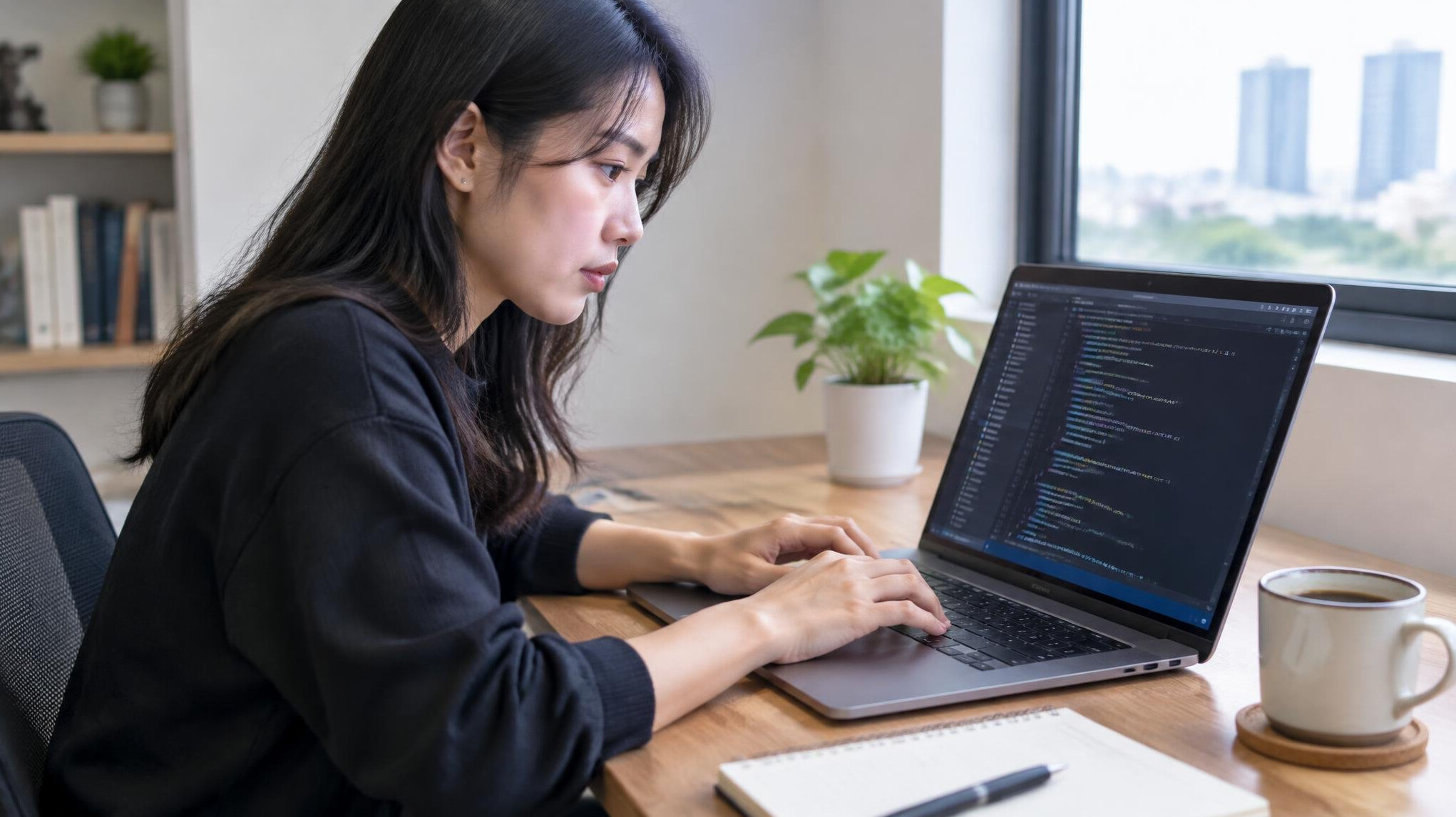 Malaysian software developer focused on writing code at a laptop