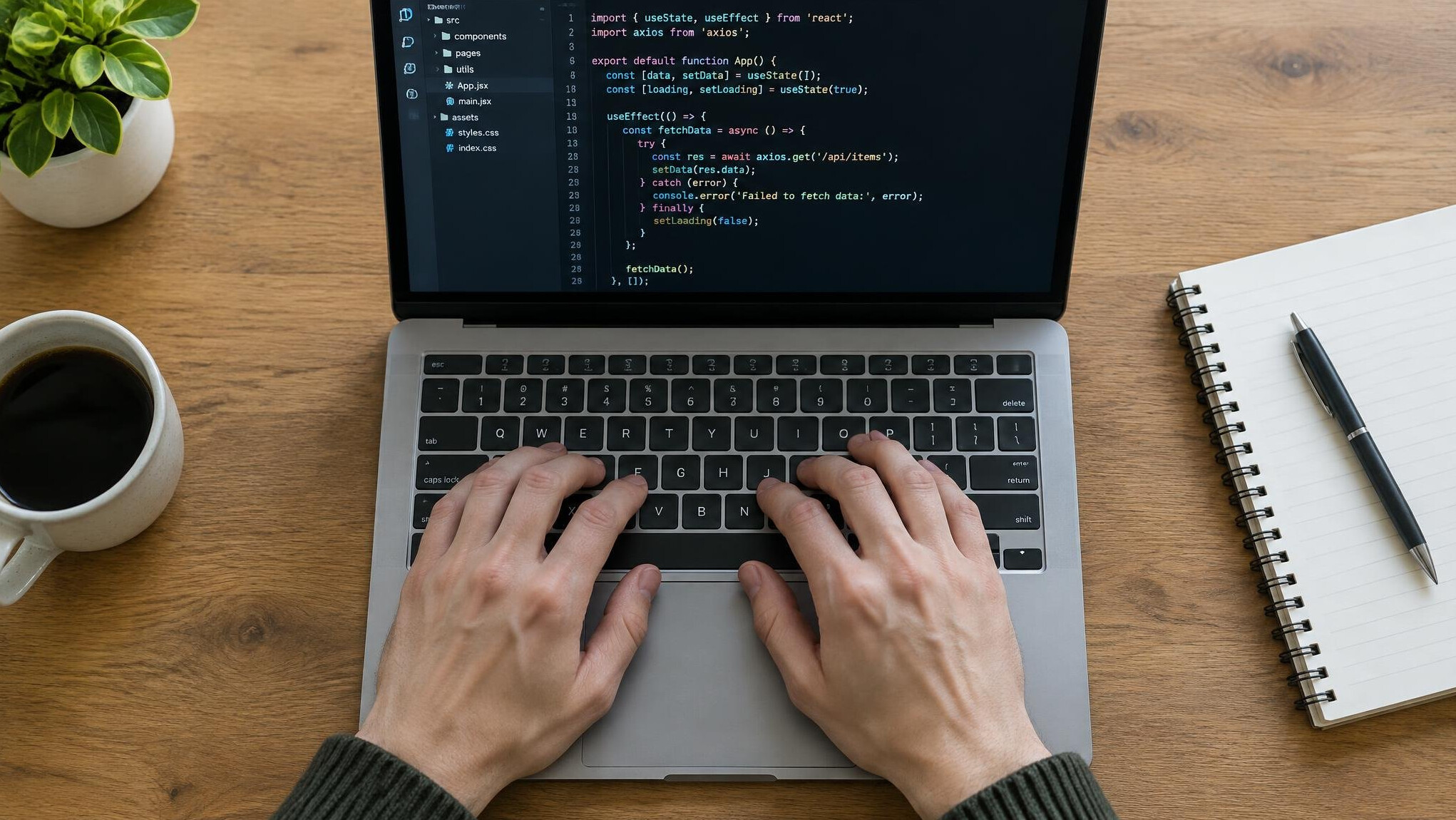 Close-up top view of hands typing on a laptop keyboard with code on screen