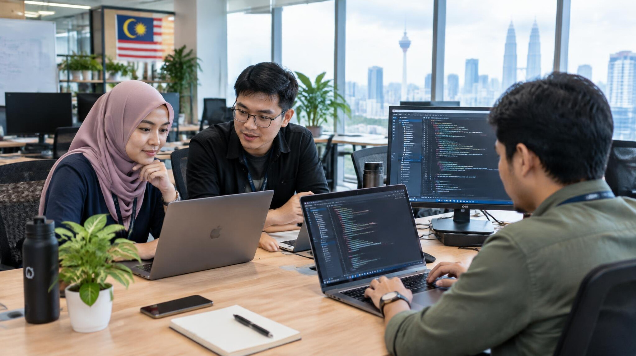 Malaysian software developers working together at desks in a modern office
